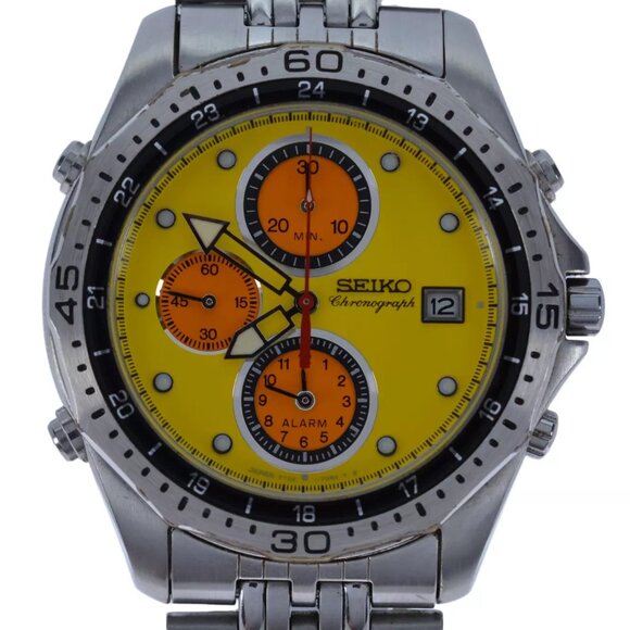 Rare Men's Seiko Alarm Chronograph 1998 Nagono Olympics Yellow Watch 7T32-7C70! - Picture 1 of 9